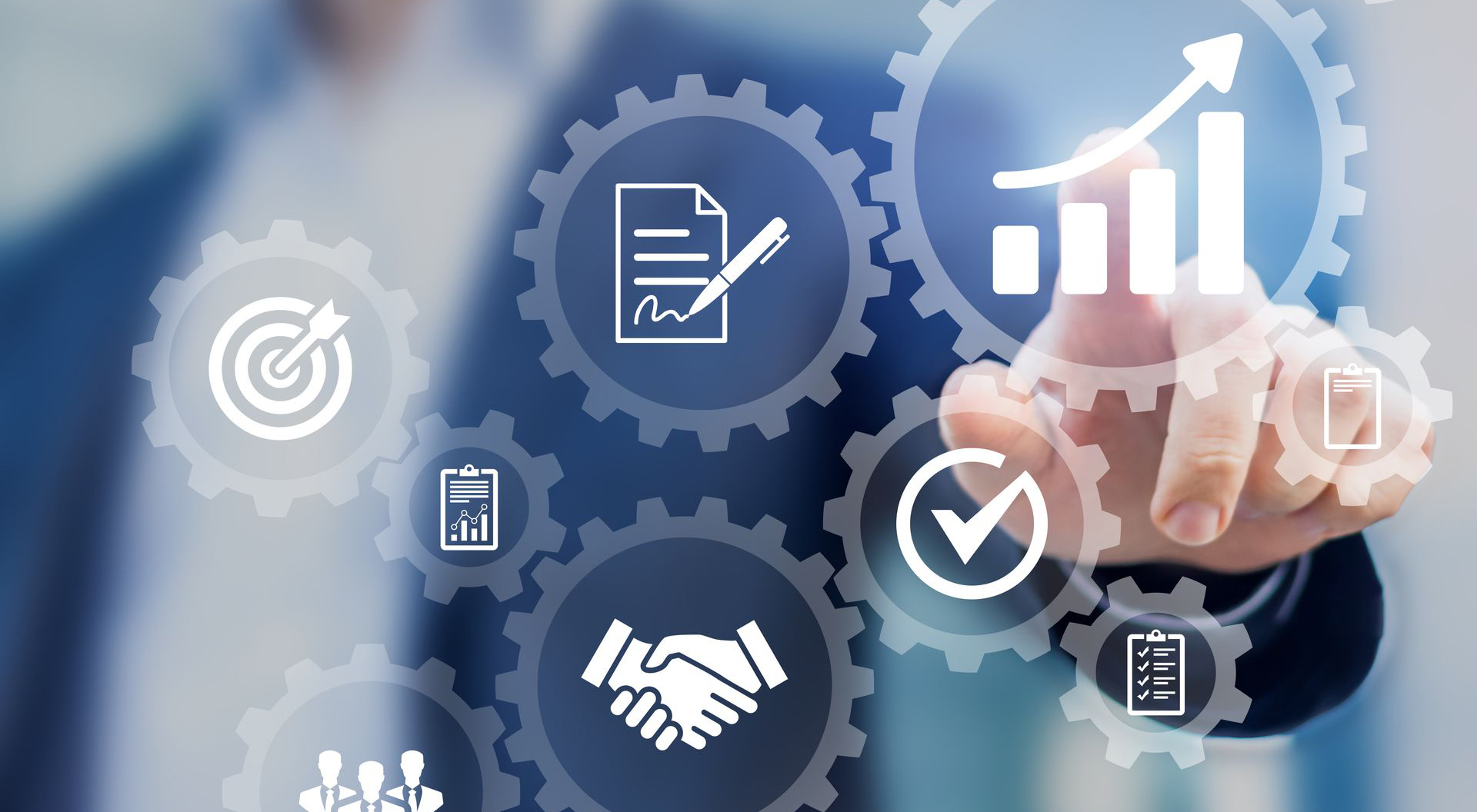 Business process management and automation concept with icons of hiring workflow, document validation, information in connected gear cogs, businessman touching screen